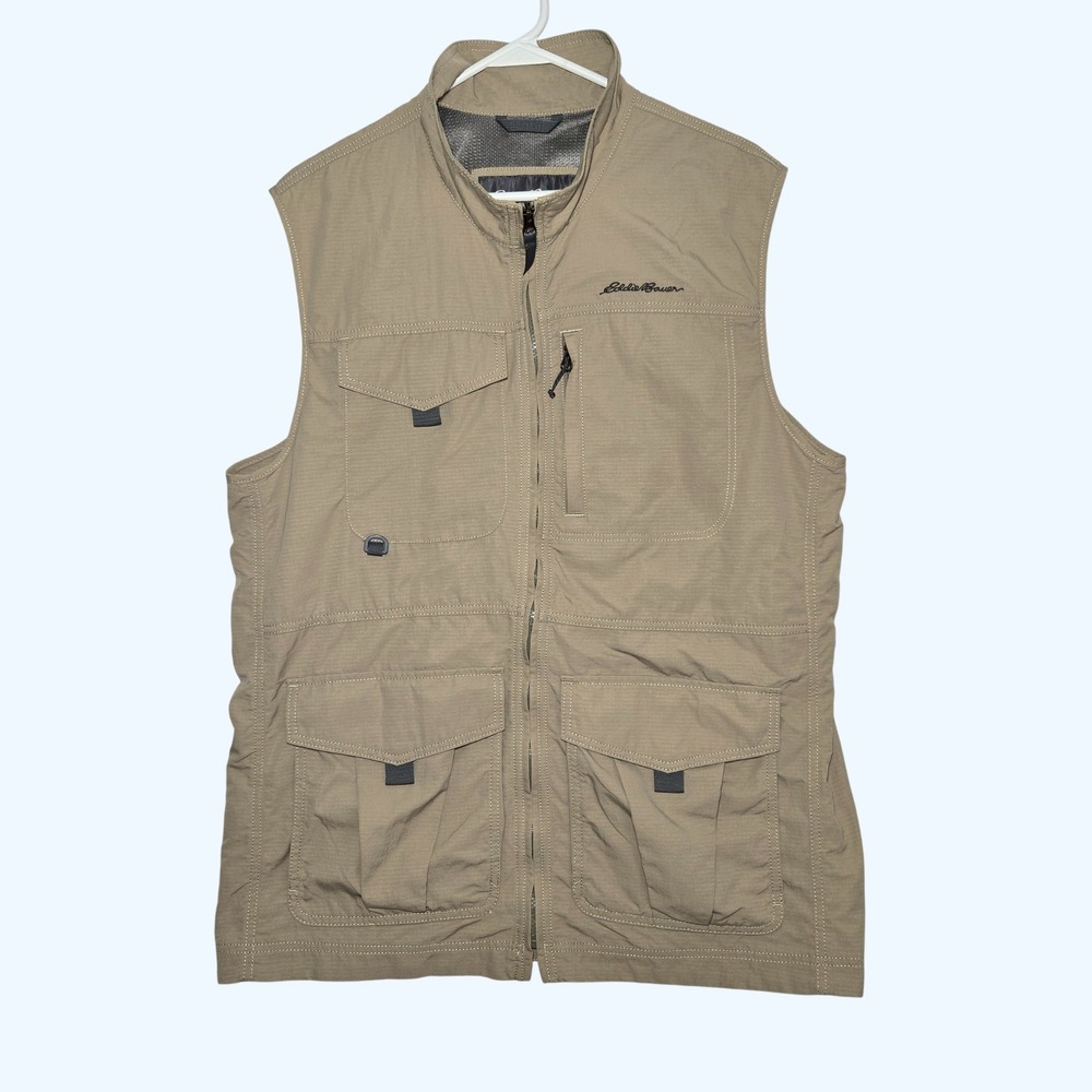 Eddie Bauer Travex Atlas Vest Mens Tall Large TL Full Zip Utility Pockets Khaki